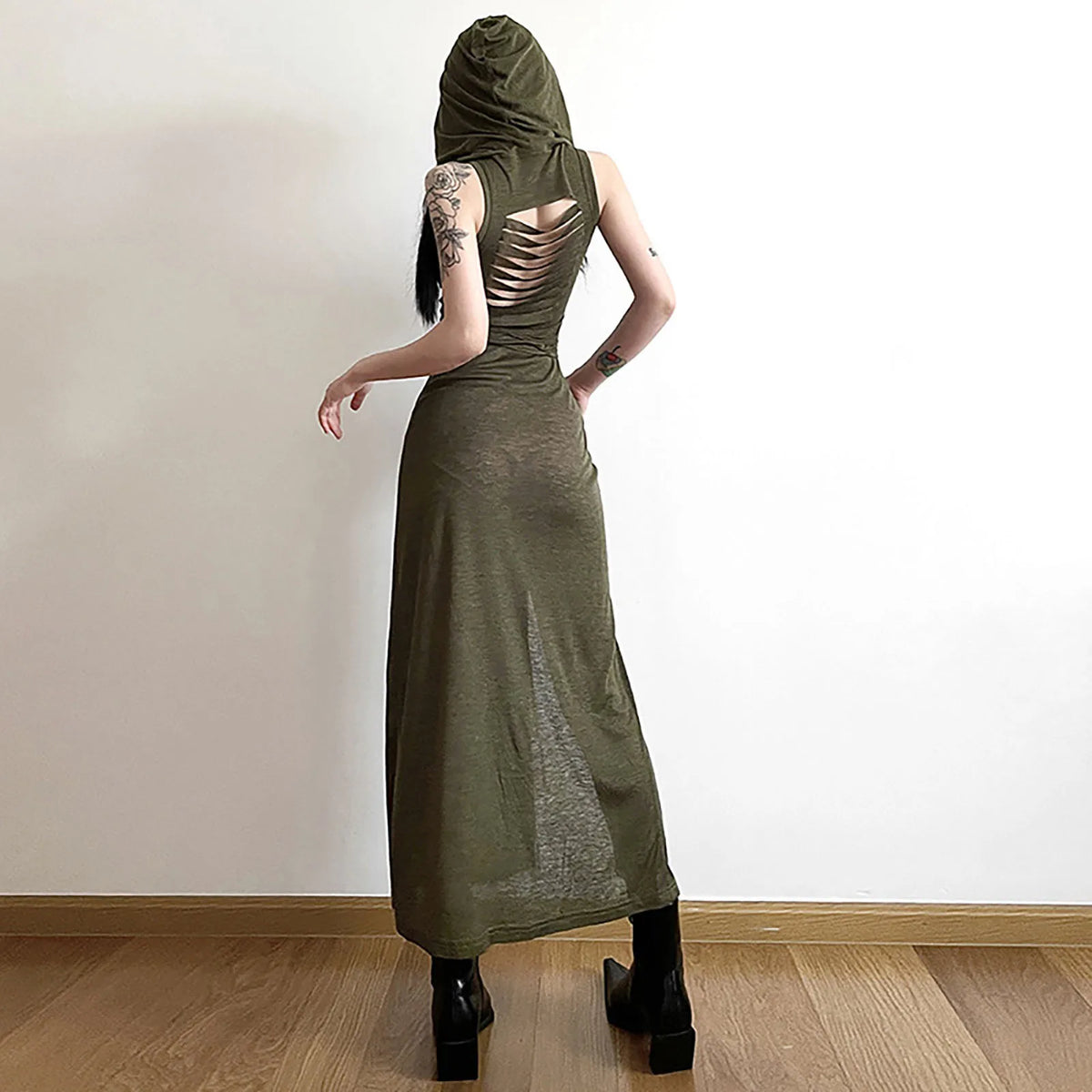 Gótico deserto walker vestidos com capuz feminino goth cyber y2k punk grunge oco para fora midi vestido sexy split side sólido streetwear