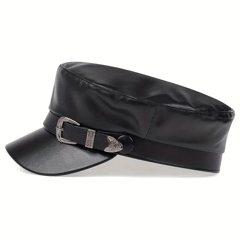 Boina de couro masculina e feminina com fivela de cinto, bonés de marinheiro preto, parte superior plana, bonés de capitão militar, moda feminina, grande, primavera, outono