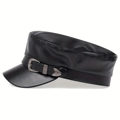 Boina de couro masculina e feminina com fivela de cinto, bonés de marinheiro preto, parte superior plana, bonés de capitão militar, moda feminina, grande, primavera, outono
