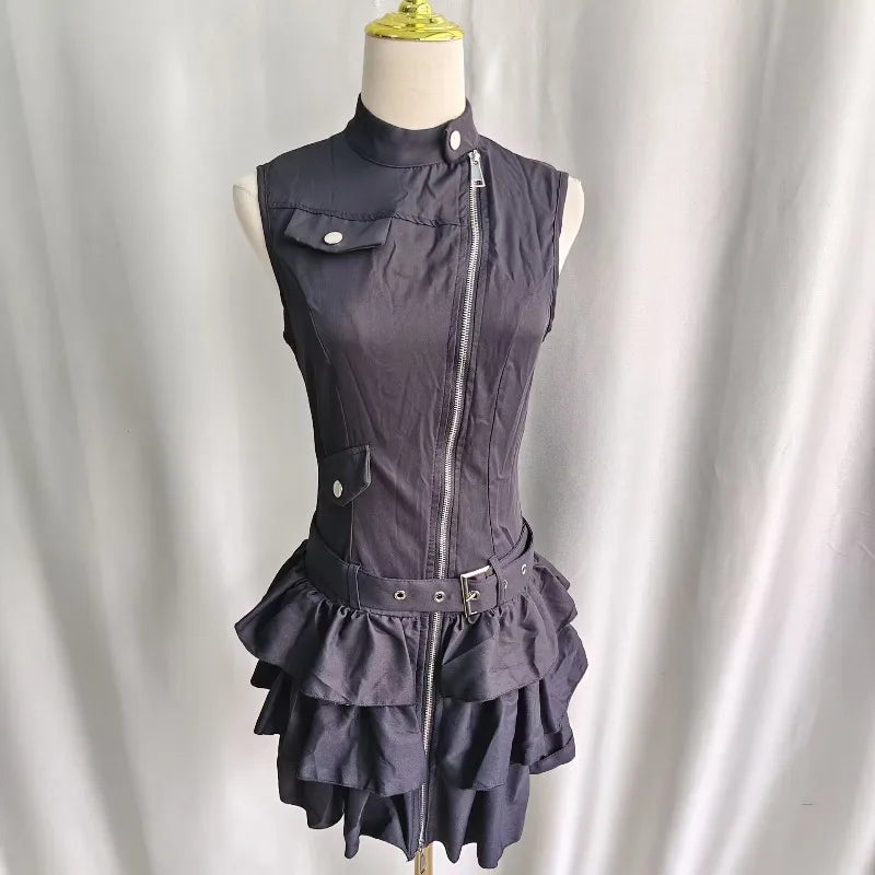 Kimutomo y2k sem mangas punk vestido feminino vintage harajuku suporte pescoço zíper mini vestidos de verão babados grunge festa gótica