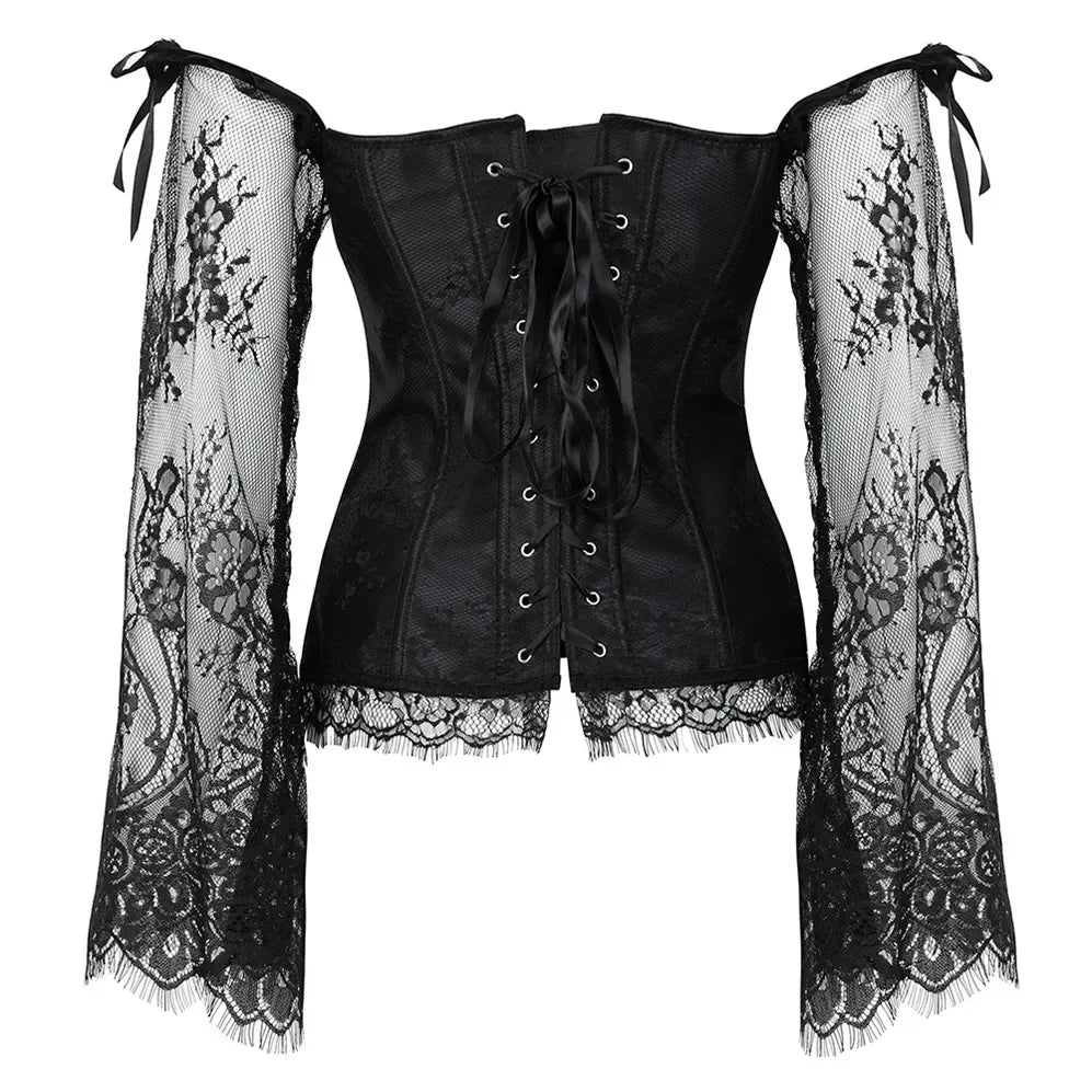 Manga longa elegante espartilhos góticos sexy fora do ombro rendas até overbust corselet feminino corpo cintura trainer cincher shapers bustiers