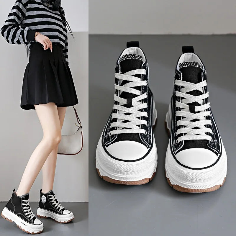 2024 novas mulheres tênis de alta qualidade rendas-up casual plarform altura lona antiderrapante resistente ao desgaste primavera feminino vulcanizar sapatos