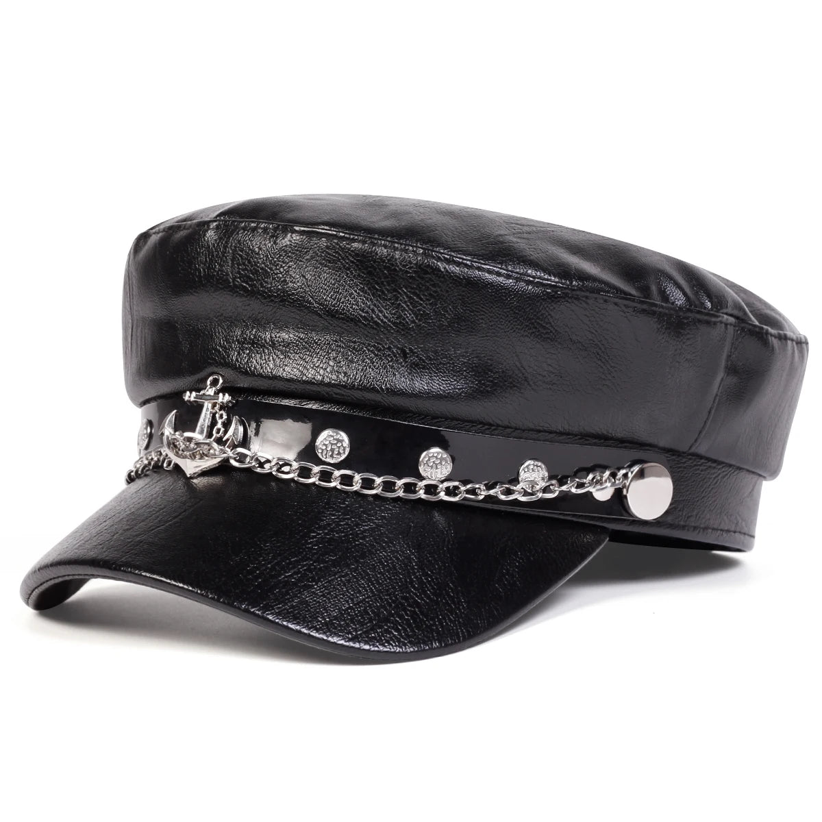 Boina de couro masculina e feminina com fivela de cinto, bonés de marinheiro preto, parte superior plana, bonés de capitão militar, moda feminina, grande, primavera, outono