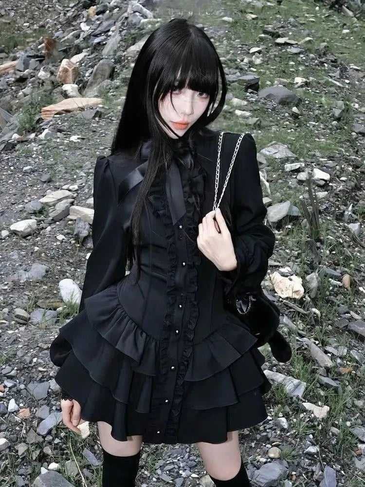 Vestido Gótico Punk com Babados e Mangas Flare, Laço Frontal, Mini Vestido em Camadas, Estilo Gótico Vintage Americano Anos 2000, Moda Casual Feminina Streetwear 2026