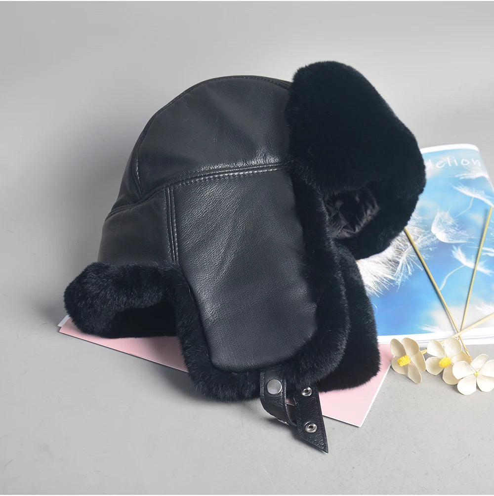 Novo unissex real rex pele de coelho bombardeiro chapéu ushanka boné trapper russo das mulheres dos homens chapéus de esqui bonés de couro de pele de carneiro real inverno quente