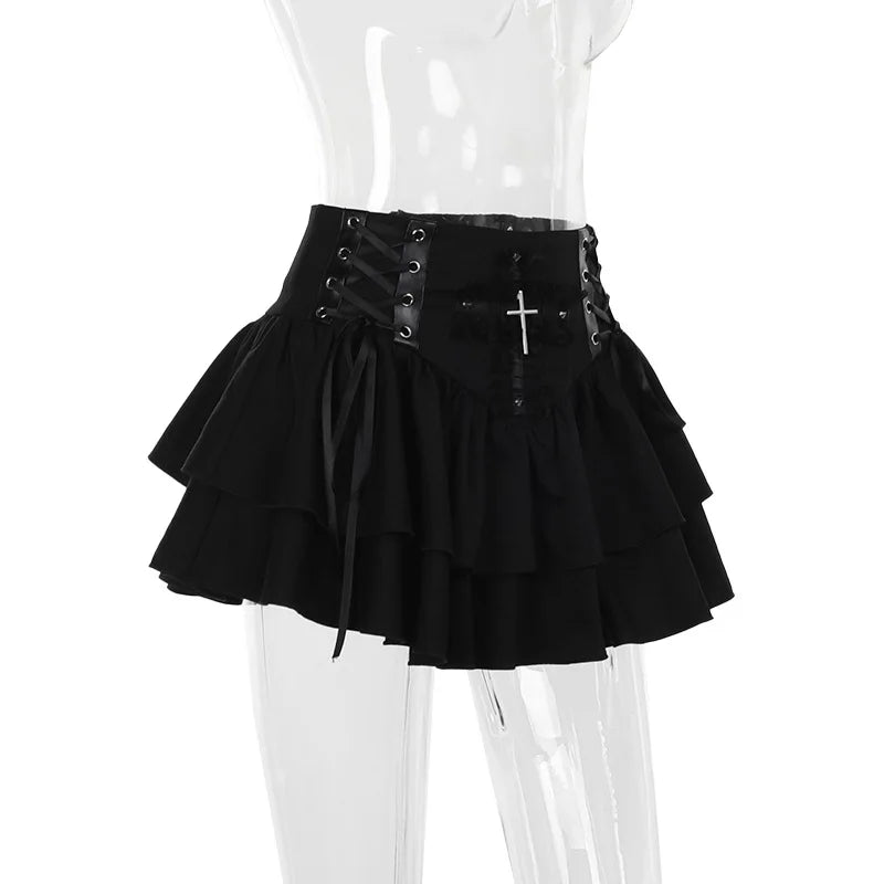 Gótico preto renda cruz mini saia y2k grunge punk cintura alta plissado a linha saias vintage feminino menina estética alt roupas