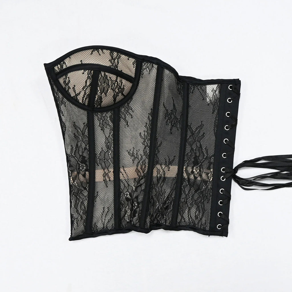 Aço osso korset mulher oco para fora sutiã de renda sem alças bustier superior malha lingerie feminina preto branco biege espartilho