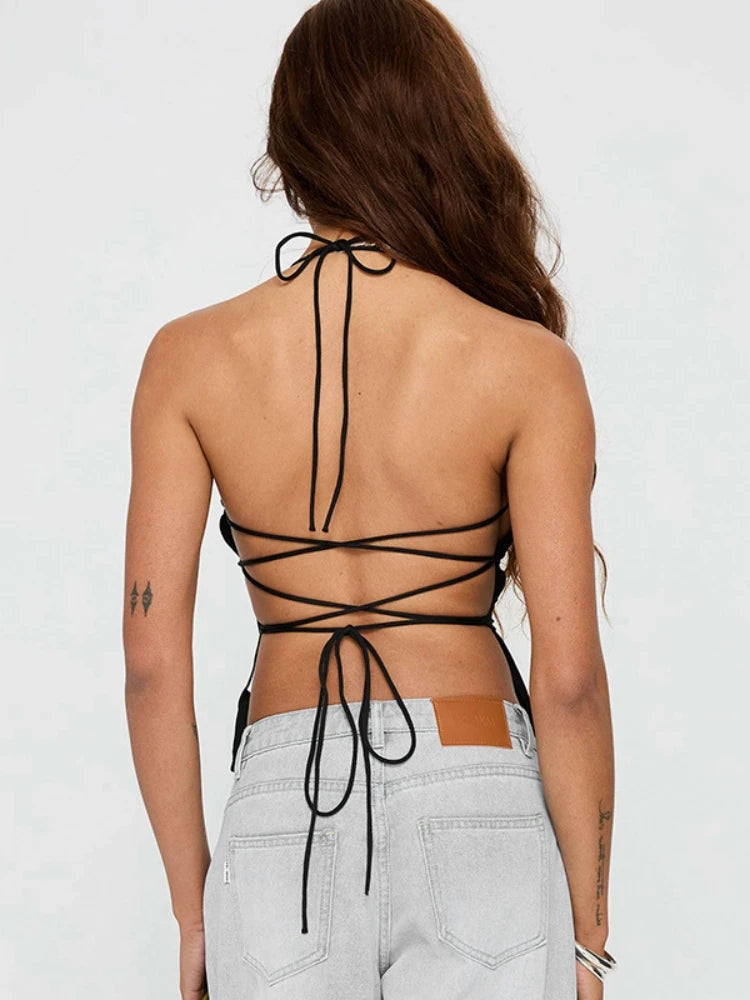Laço de volta espartilho topo pescoço-montado colheita topo feminino roupas ousado y2k acessórios sem costas sexy clube outfit camison verano ropa mujer