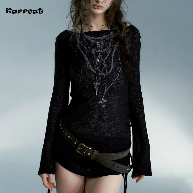 Karrcat grunge estética malha topos vintage tatuagem impressão camiseta wasteland punk preto com nervuras camiseta gótico alt streetwear