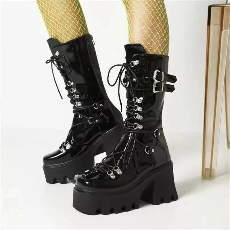 Mulheres botas altas cosplay meados de bezerro botas de plataforma alta cunhas botas 2025 outono inverno novo designer sapatos góticos para mulher botas