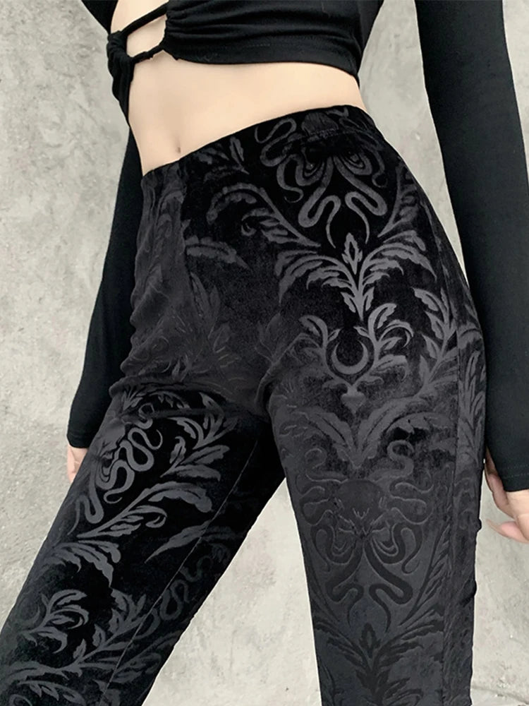 AltGoth-Calças vintage de veludo gótico escuro feminino, cintura alta, monocromática, preta, casual, flare, Harajuku, streetwear feminino, Y2K