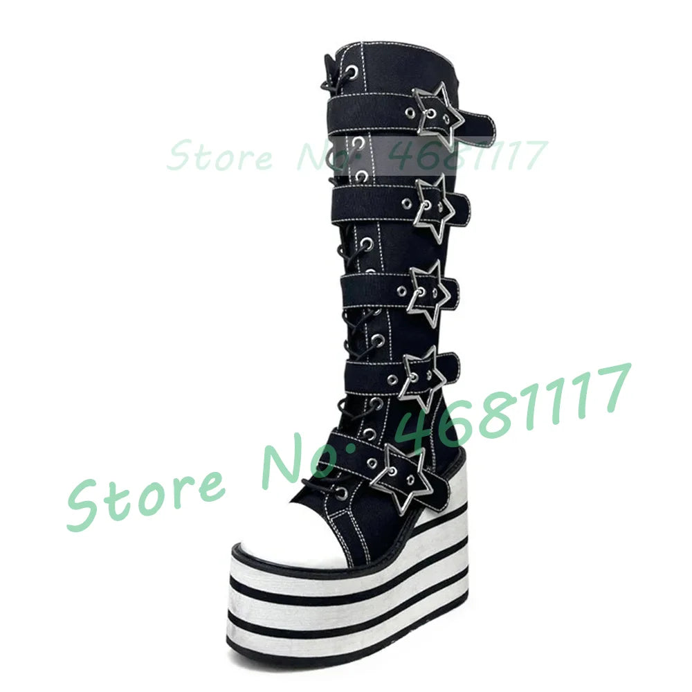 Preto listrado plataforma sapatos de lona longa menina doce metal estrela fivela de cinto botas de renda moda dedo do pé redondo legal lolita sapatos