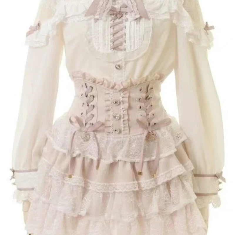 Minissaia Feminina Estilo Lolita Doce Japonês, Retro Elegante, com Renda e Faixas, Saias de Festa em Camadas, Gótica Y2k com Fivelas Metálicas