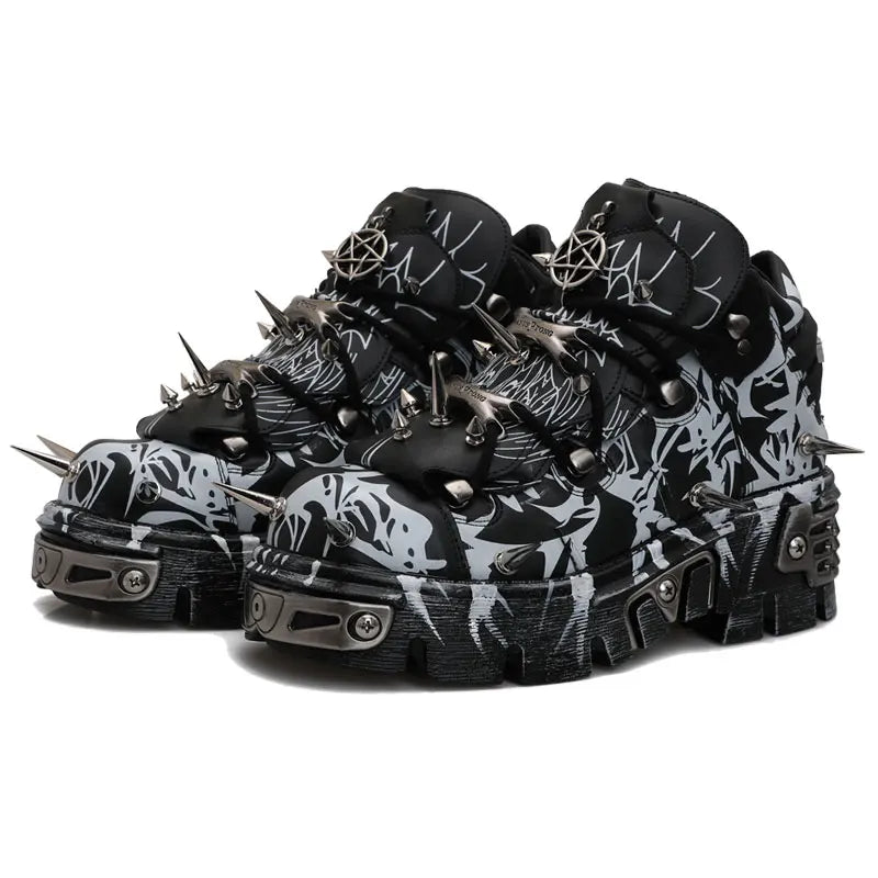 2026 Novo Design Original Plataforma Graffiti Unissex com Rebites Escuros Estilo Rock Punk, Tênis Casual Dad Shoes com Sola Plataforma