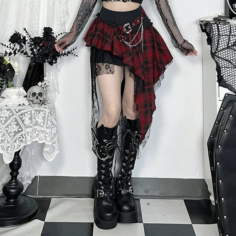 Saia punk gótica feminina streetwear harajuku irregular retalhos saia xadrez vermelha hotsweet y2k clubwear saia