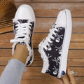 Crânio feminino morcego padrão sapatos vulcanizados sapatos planos moda rendas até tênis feminino casual respirável sapato de lona 2024