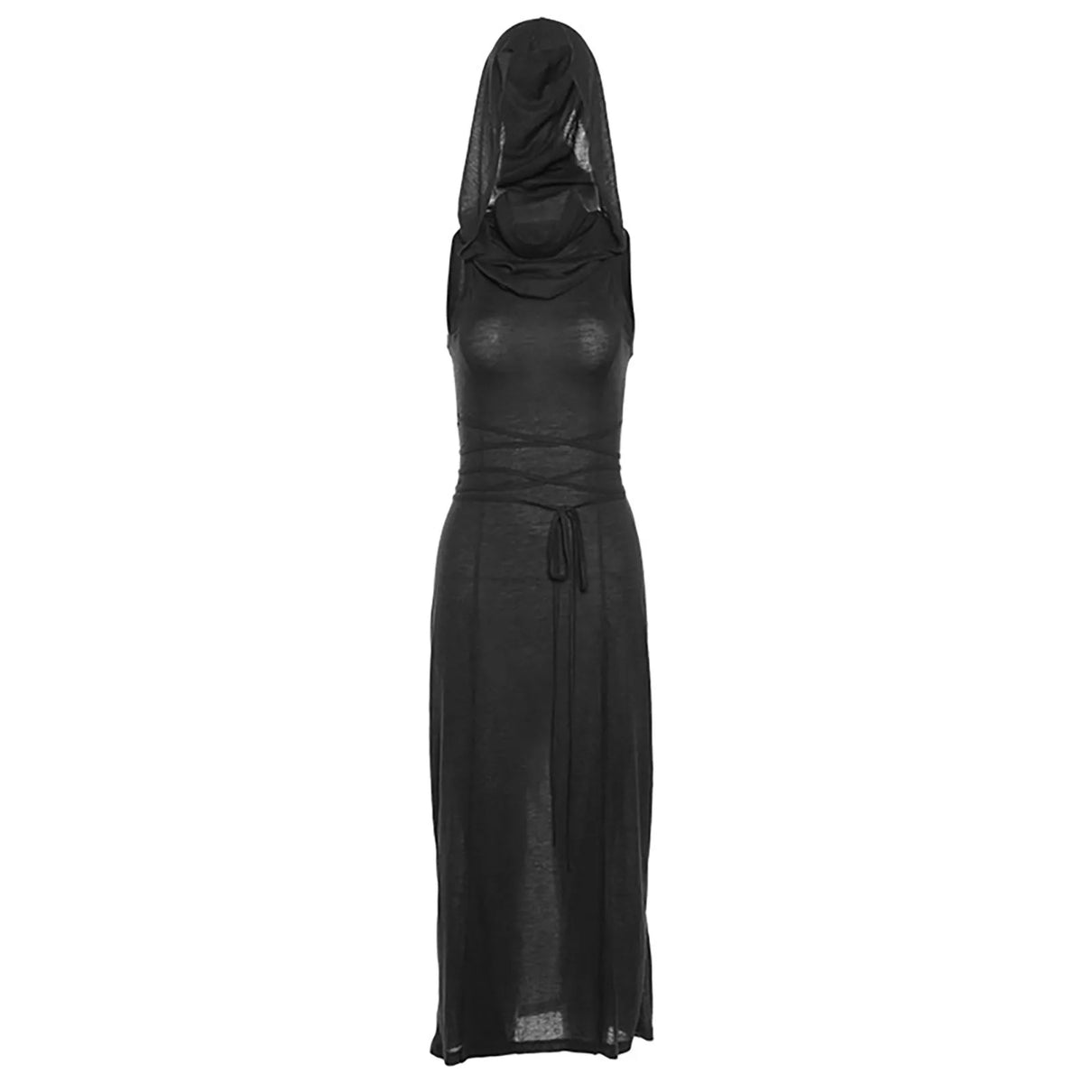 Gótico deserto walker vestidos com capuz feminino goth cyber y2k punk grunge oco para fora midi vestido sexy split side sólido streetwear