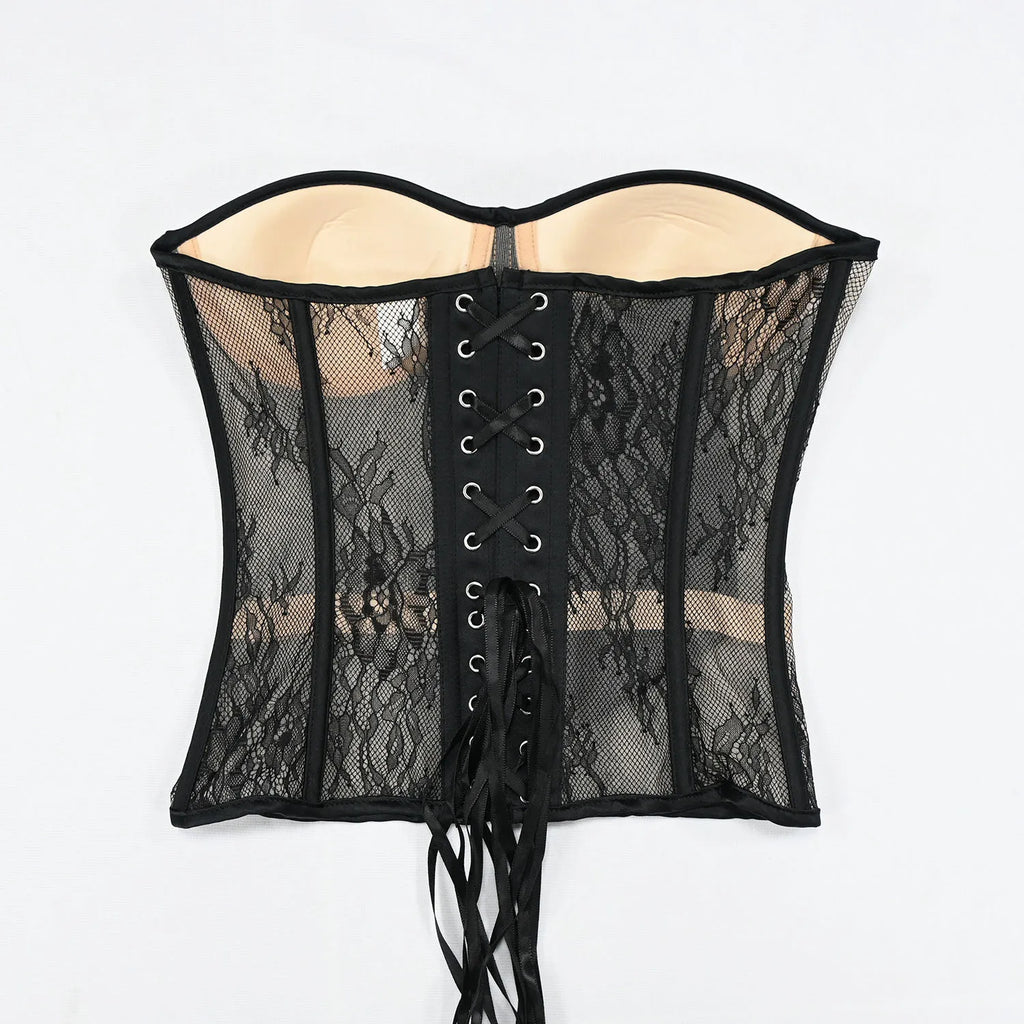 Aço osso korset mulher oco para fora sutiã de renda sem alças bustier superior malha lingerie feminina preto branco biege espartilho