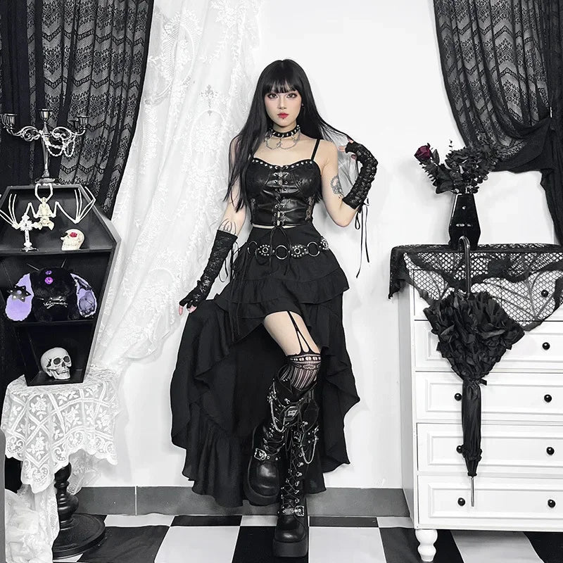Goth escuro kawaii preto em camadas saias 90s retro irregular hem festa bottoms shopping gótico moda feminina arrastando saia alt roupas
