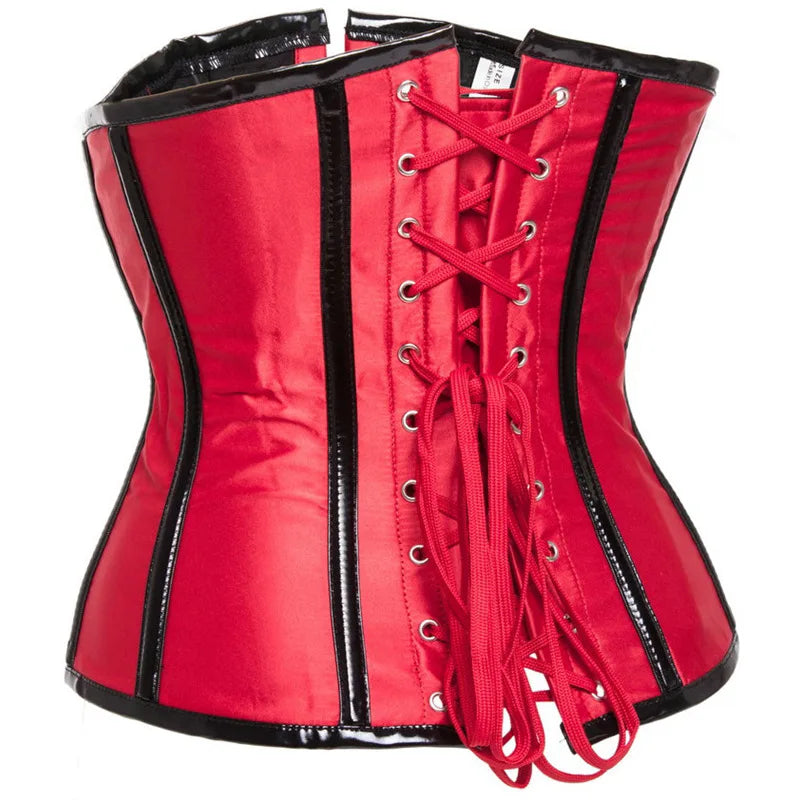 Corset Gótico Steampunk Underbust Preto e Vermelho com Espiral de Aço, Treinador de Cintura, Bustiê com Zíper e Fivelas, Corselete Modelador