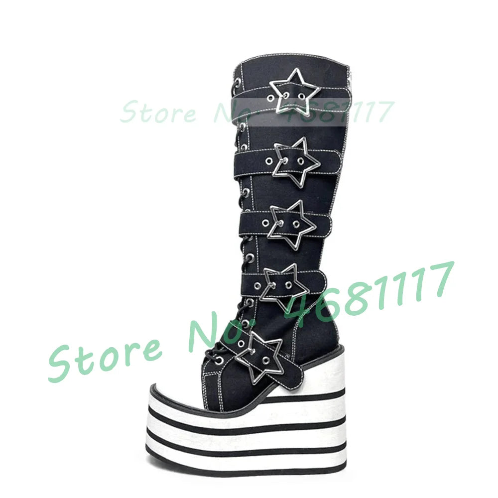 Preto listrado plataforma sapatos de lona longa menina doce metal estrela fivela de cinto botas de renda moda dedo do pé redondo legal lolita sapatos