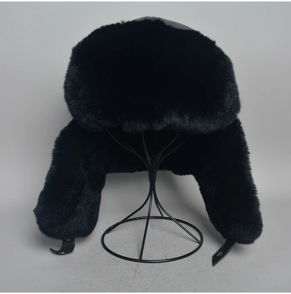 Novo unissex real rex pele de coelho bombardeiro chapéu ushanka boné trapper russo das mulheres dos homens chapéus de esqui bonés de couro de pele de carneiro real inverno quente