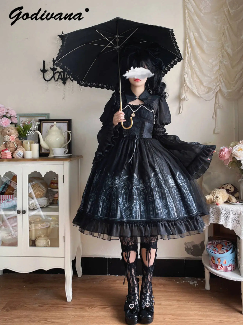 Original halloween lolita vestido nova primavera e verão feminino meninas escuro gótico jsk vestido manga alargamento capa camisa