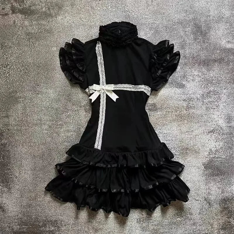 Vestido Gótico Vintage Japonês E-girl para Mulheres, Vestido Mini com Gola Alta, Manga Curta, Laço e Renda, Cintura Ajustada, Vestido Preto Doce e Picante