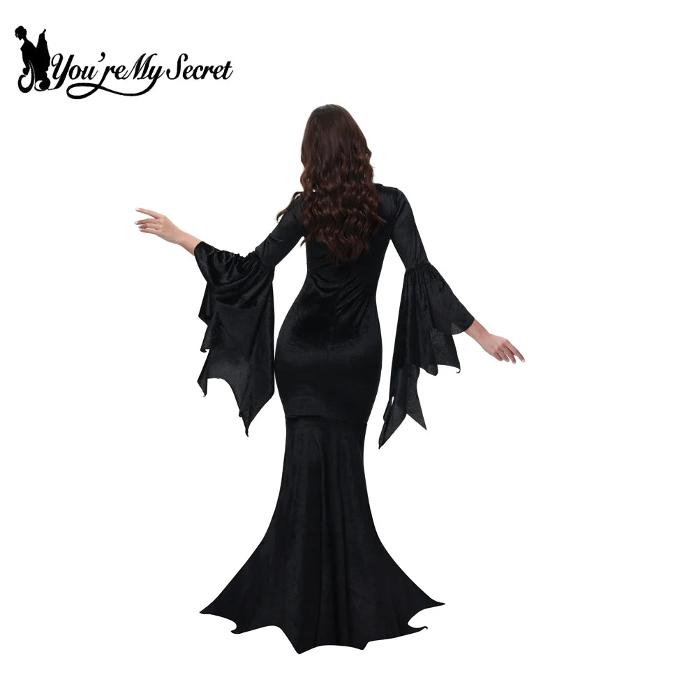 [You're My Secret] Halloween Morticia Adams Primate Black Adams Family Dress Retro Gótico Manga Alargada Vestido rabo de peixe