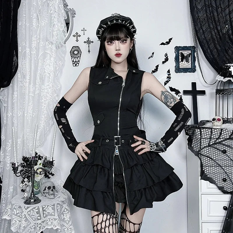 Kimutomo y2k sem mangas punk vestido feminino vintage harajuku suporte pescoço zíper mini vestidos de verão babados grunge festa gótica