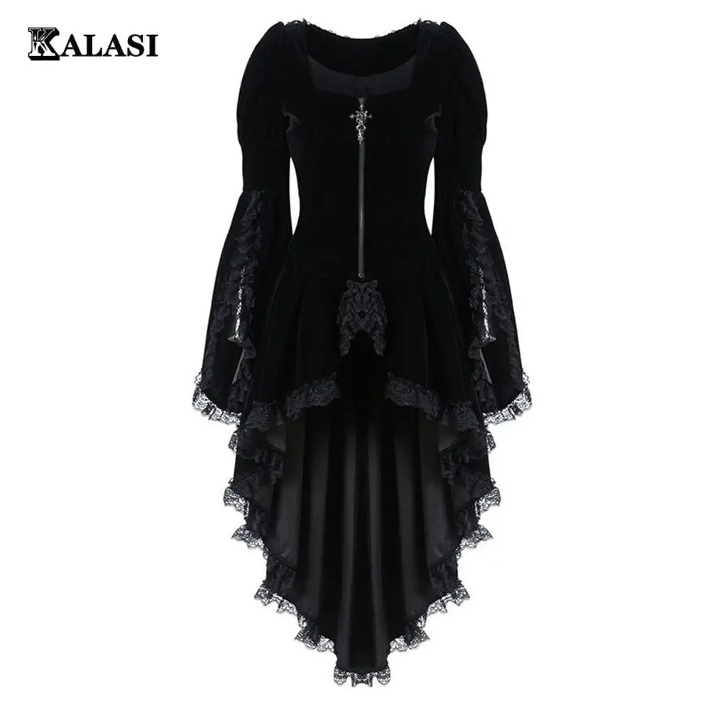 Vestido smoking gótico feminino de manga comprida com bainha, vestido feminino gótico, cruz irregular, medieval vestido de bruxa, Lolita Cosplay Traje