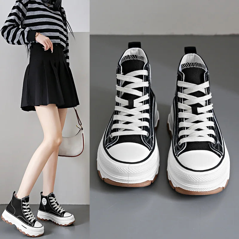 2024 novas mulheres tênis de alta qualidade rendas-up casual plarform altura lona antiderrapante resistente ao desgaste primavera feminino vulcanizar sapatos