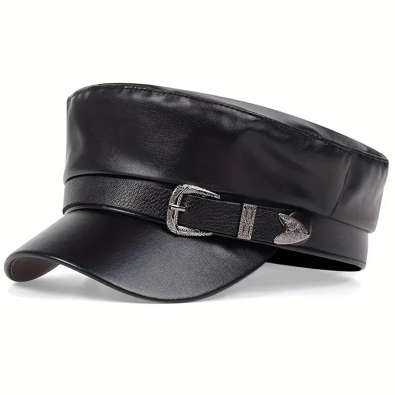 Boina de couro masculina e feminina com fivela de cinto, bonés de marinheiro preto, parte superior plana, bonés de capitão militar, moda feminina, grande, primavera, outono