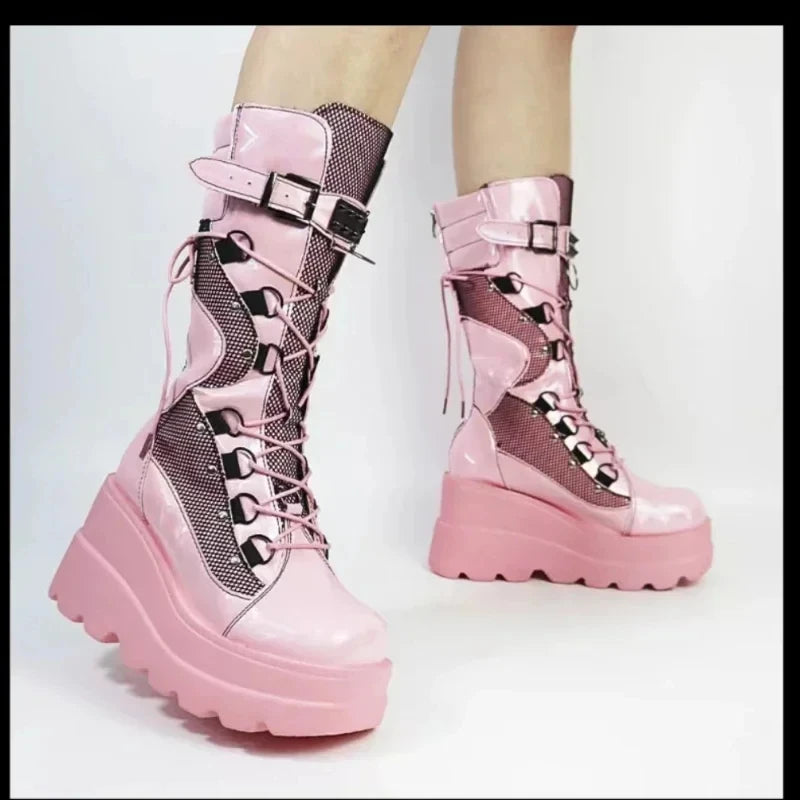 Mulheres botas altas cosplay meados de bezerro botas de plataforma alta cunhas botas 2025 outono inverno novo designer sapatos góticos para mulher botas