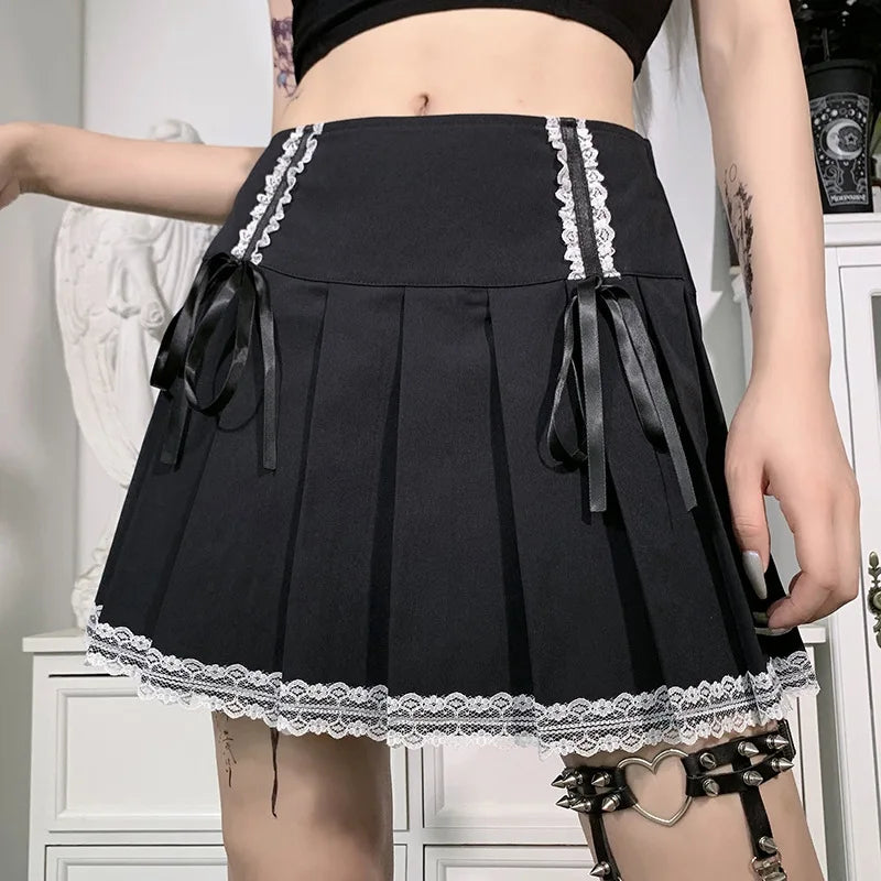 FICHOR-Mulheres Góticas Renda Ruffle Mini Saias, Harajuku, Fairy Grunge, Xadrez Rosa, Plissado, Japonês Lolita Streetwear, Mall Goth