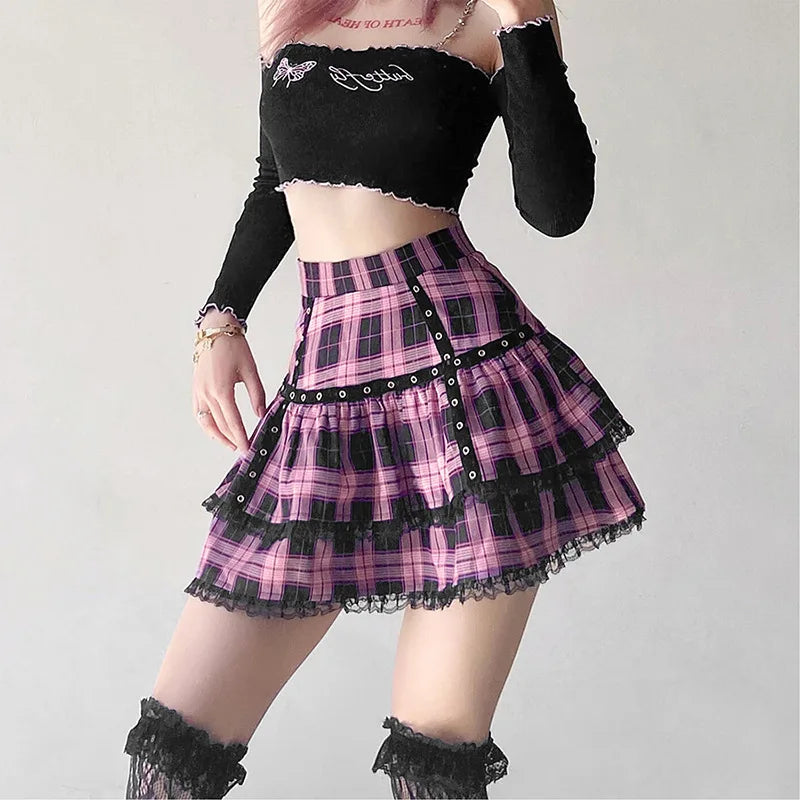 FICHOR-Mulheres Góticas Renda Ruffle Mini Saias, Harajuku, Fairy Grunge, Xadrez Rosa, Plissado, Japonês Lolita Streetwear, Mall Goth