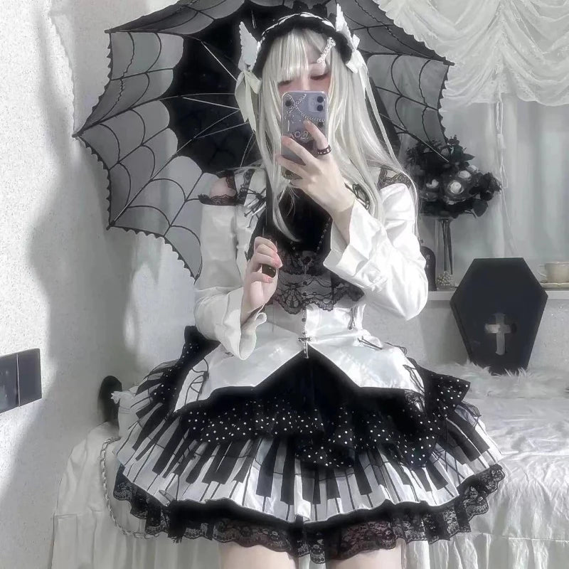 Y2k gótico punk preto branco saia curta feminina quente pintainho escuro bolinhas plissado bolo saia feminina doce chique lolita saias de renda