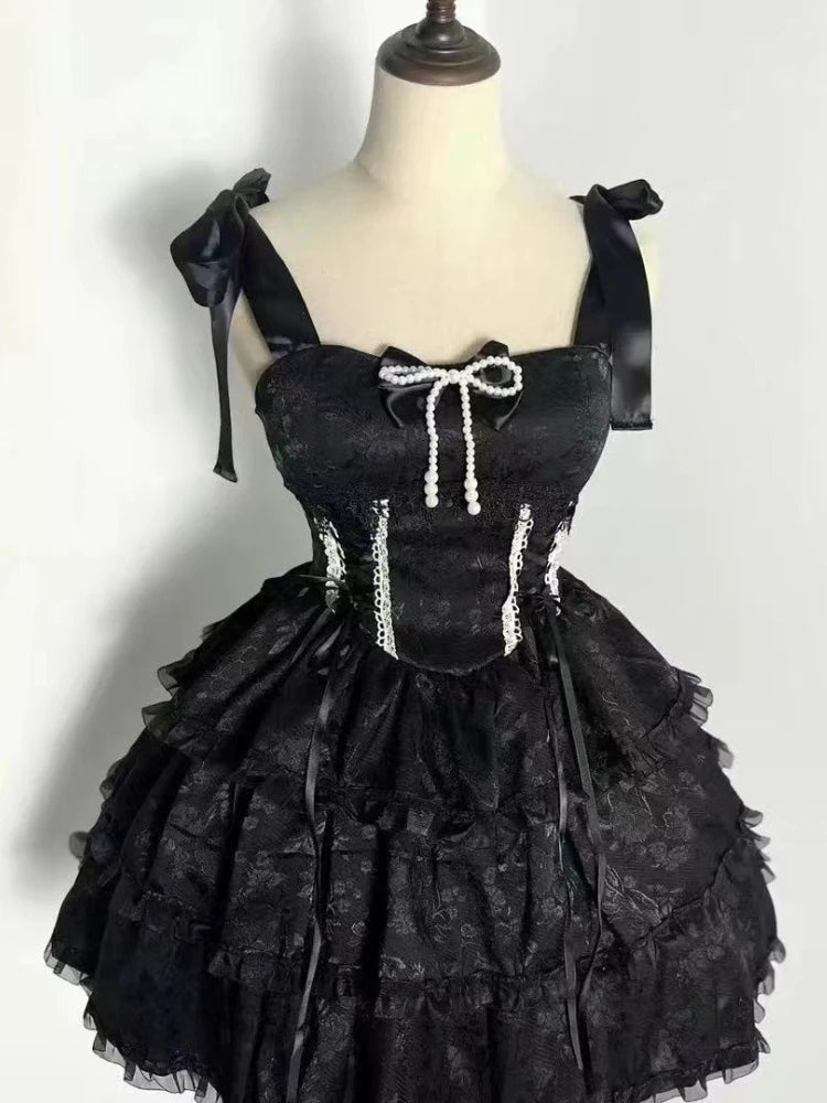 Vestido Gótico Vintage Japonês E-girl para Mulheres, Vestido Mini com Gola Alta, Manga Curta, Laço e Renda, Cintura Ajustada, Vestido Preto Doce e Picante
