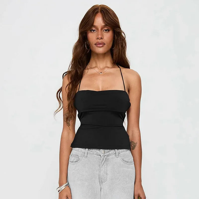 Laço de volta espartilho topo pescoço-montado colheita topo feminino roupas ousado y2k acessórios sem costas sexy clube outfit camison verano ropa mujer