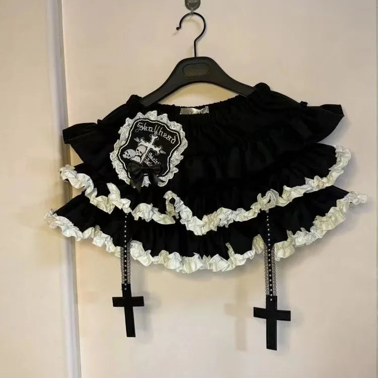 Y2k gótico punk preto branco saia curta feminina quente pintainho escuro bolinhas plissado bolo saia feminina doce chique lolita saias de renda