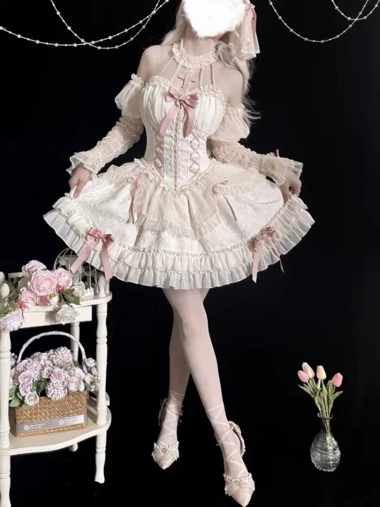 Verão harajuku lolita gótico halter vestidos femininos sexy fora do ombro manga longa vestidos japonês kawaii magro arco mini vestido