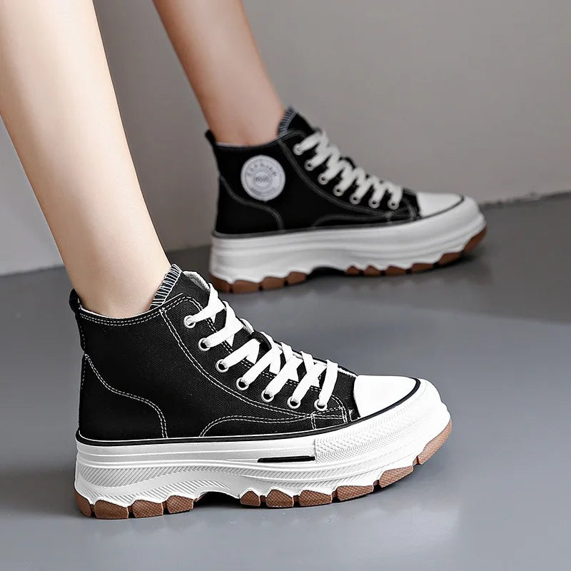 2024 novas mulheres tênis de alta qualidade rendas-up casual plarform altura lona antiderrapante resistente ao desgaste primavera feminino vulcanizar sapatos