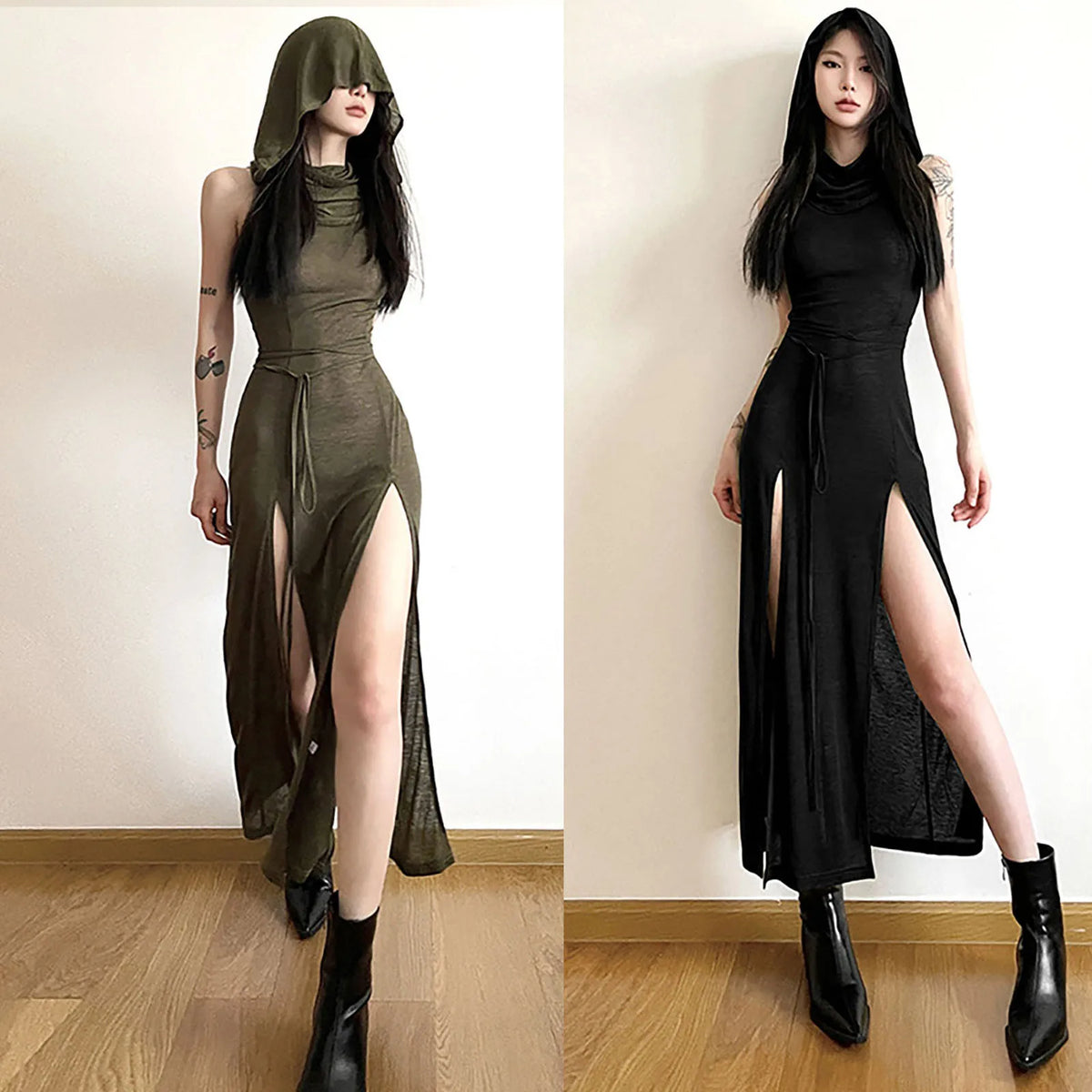 Gótico deserto walker vestidos com capuz feminino goth cyber y2k punk grunge oco para fora midi vestido sexy split side sólido streetwear
