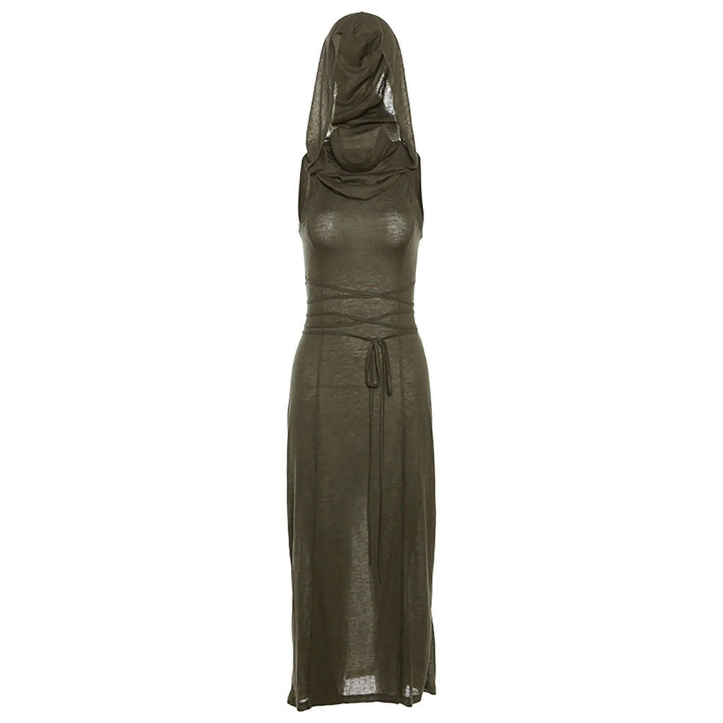Gótico deserto walker vestidos com capuz feminino goth cyber y2k punk grunge oco para fora midi vestido sexy split side sólido streetwear