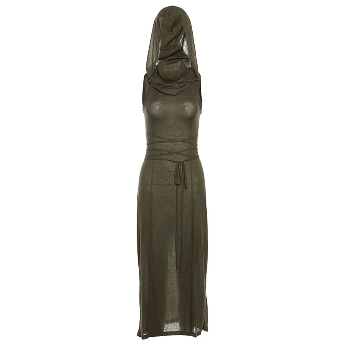 Gótico deserto walker vestidos com capuz feminino goth cyber y2k punk grunge oco para fora midi vestido sexy split side sólido streetwear