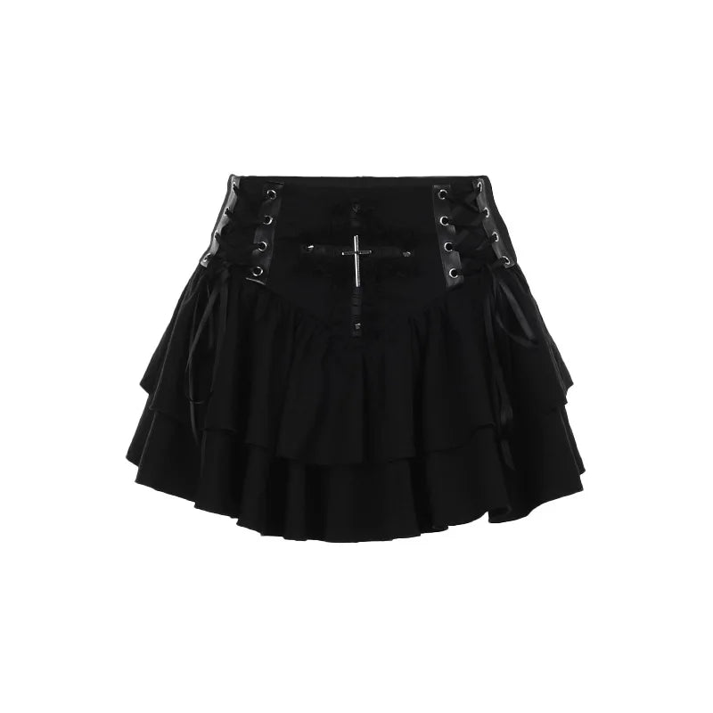 Gótico preto renda cruz mini saia y2k grunge punk cintura alta plissado a linha saias vintage feminino menina estética alt roupas