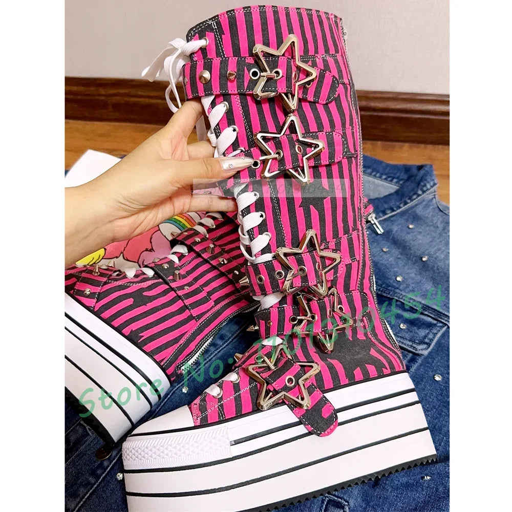 Preto listrado plataforma sapatos de lona longa menina doce metal estrela fivela de cinto botas de renda moda dedo do pé redondo legal lolita sapatos