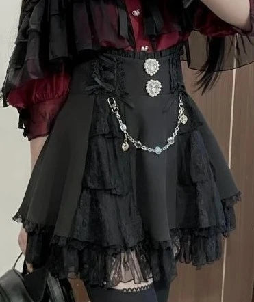 Minissaia Feminina Estilo Lolita Doce Japonês, Retro Elegante, com Renda e Faixas, Saias de Festa em Camadas, Gótica Y2k com Fivelas Metálicas