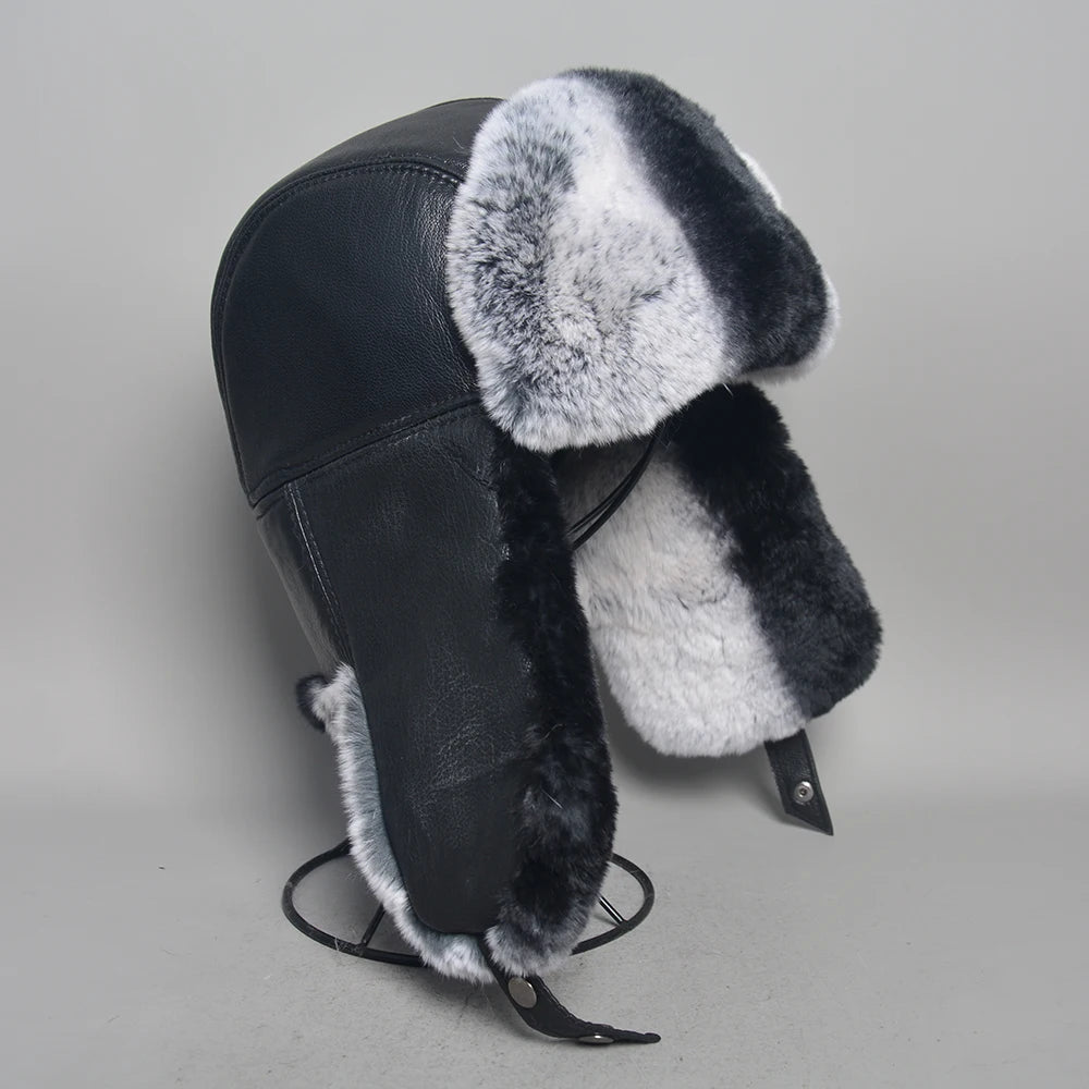 Novo unissex real rex pele de coelho bombardeiro chapéu ushanka boné trapper russo das mulheres dos homens chapéus de esqui bonés de couro de pele de carneiro real inverno quente