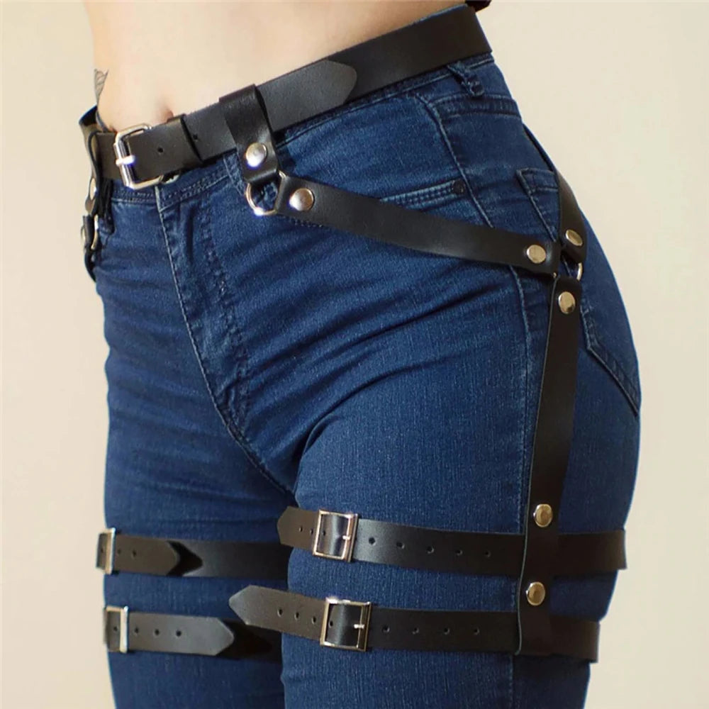 Moda feminina couro do plutônio perna arnês corpo arnês peito punk gótico perna liga cintos gótico cinto roupas accessor